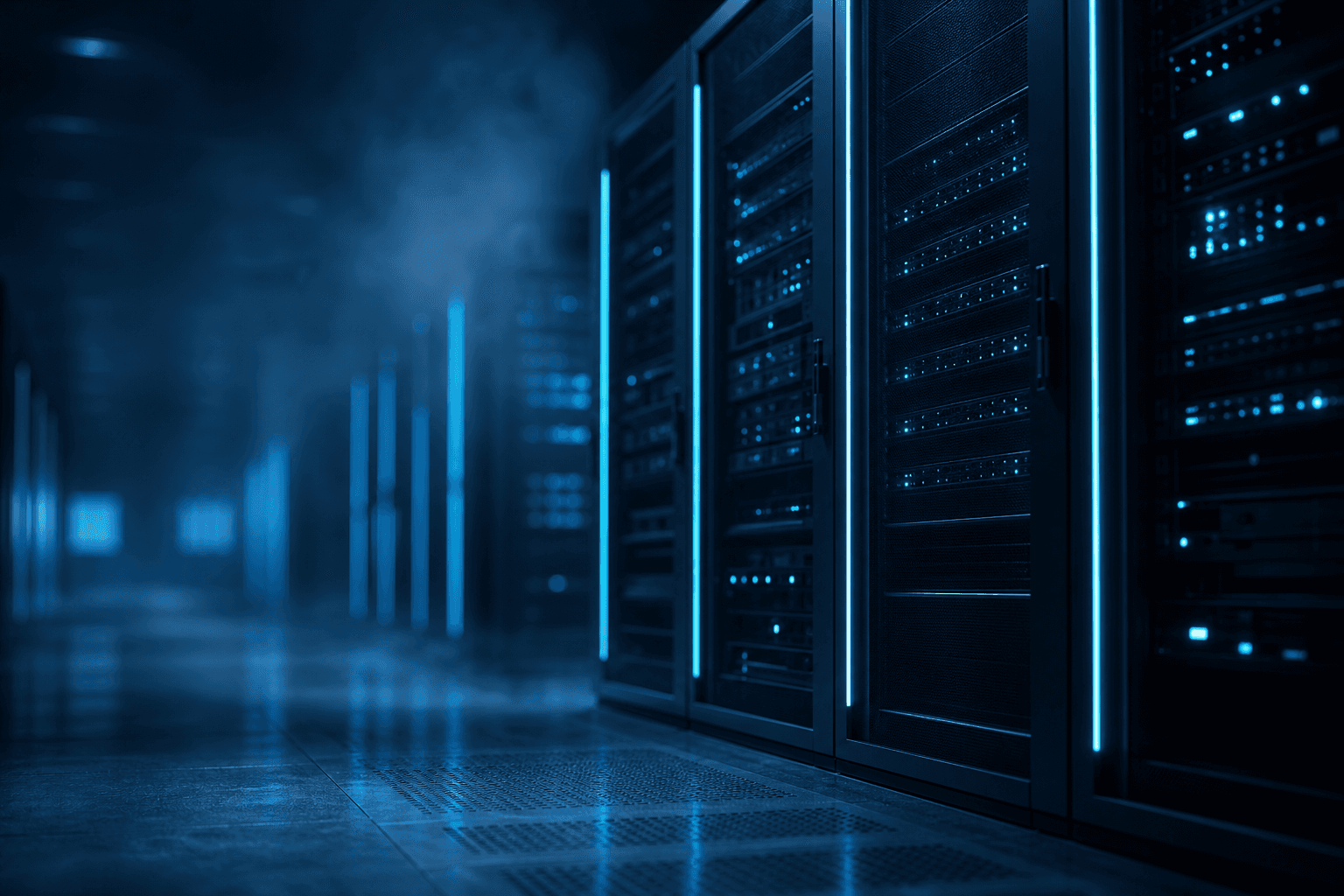 Dark server racks with cyan accent lighting in an enterprise data center